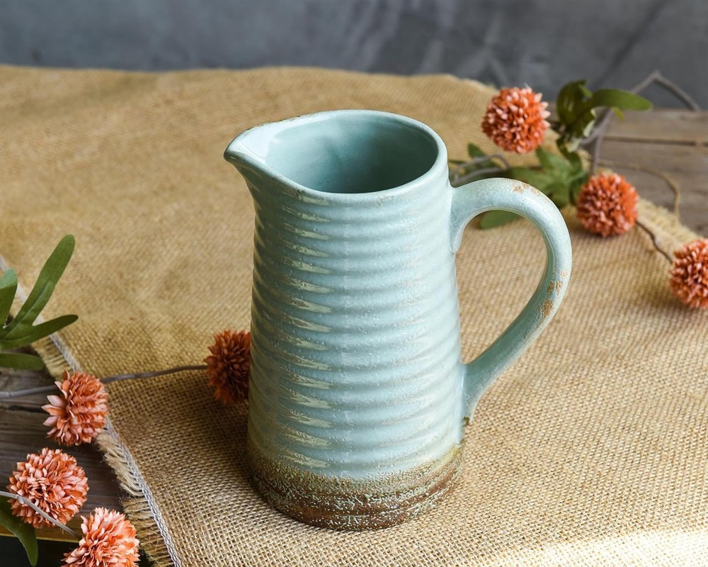 Ceramic Rustic Vase with Handle, Green Distressed Decorative Farmhouse Pitche...