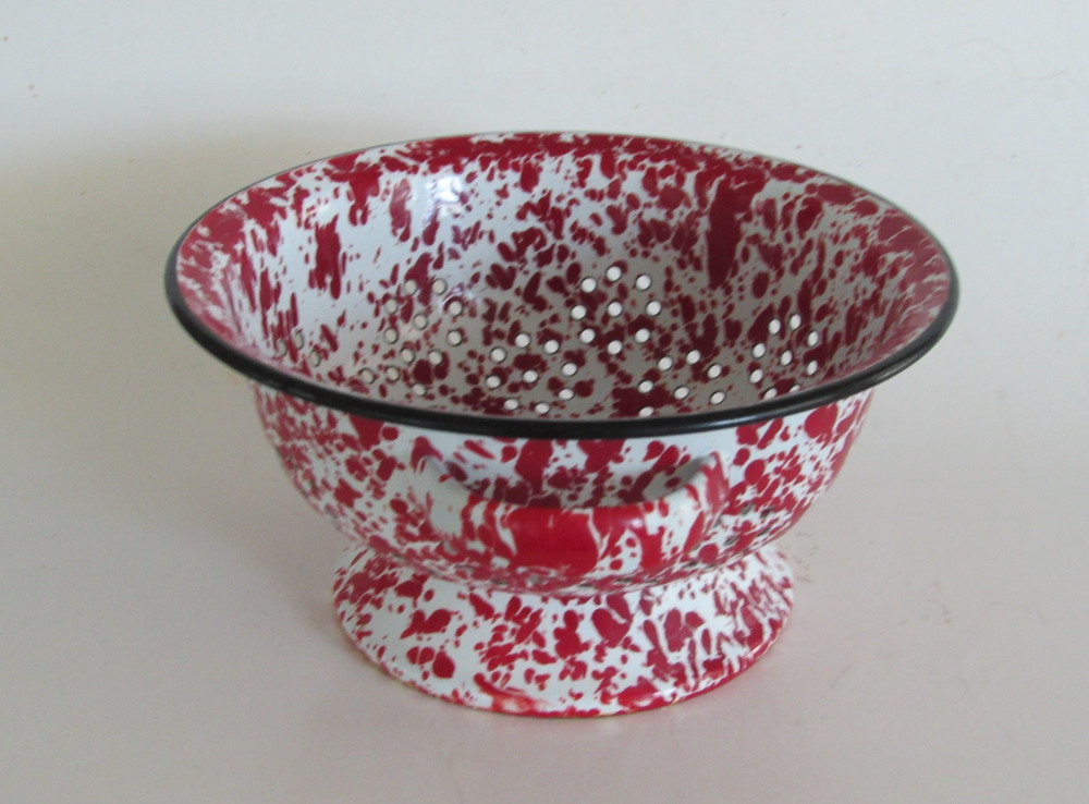 Vintage Red and White Speckled Splatterware Graniteware Enamel Colander