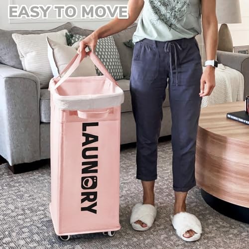 Slim Laundry Hamper with Wheels 75L, Collapsible Rolling Large 1-Pack Pink