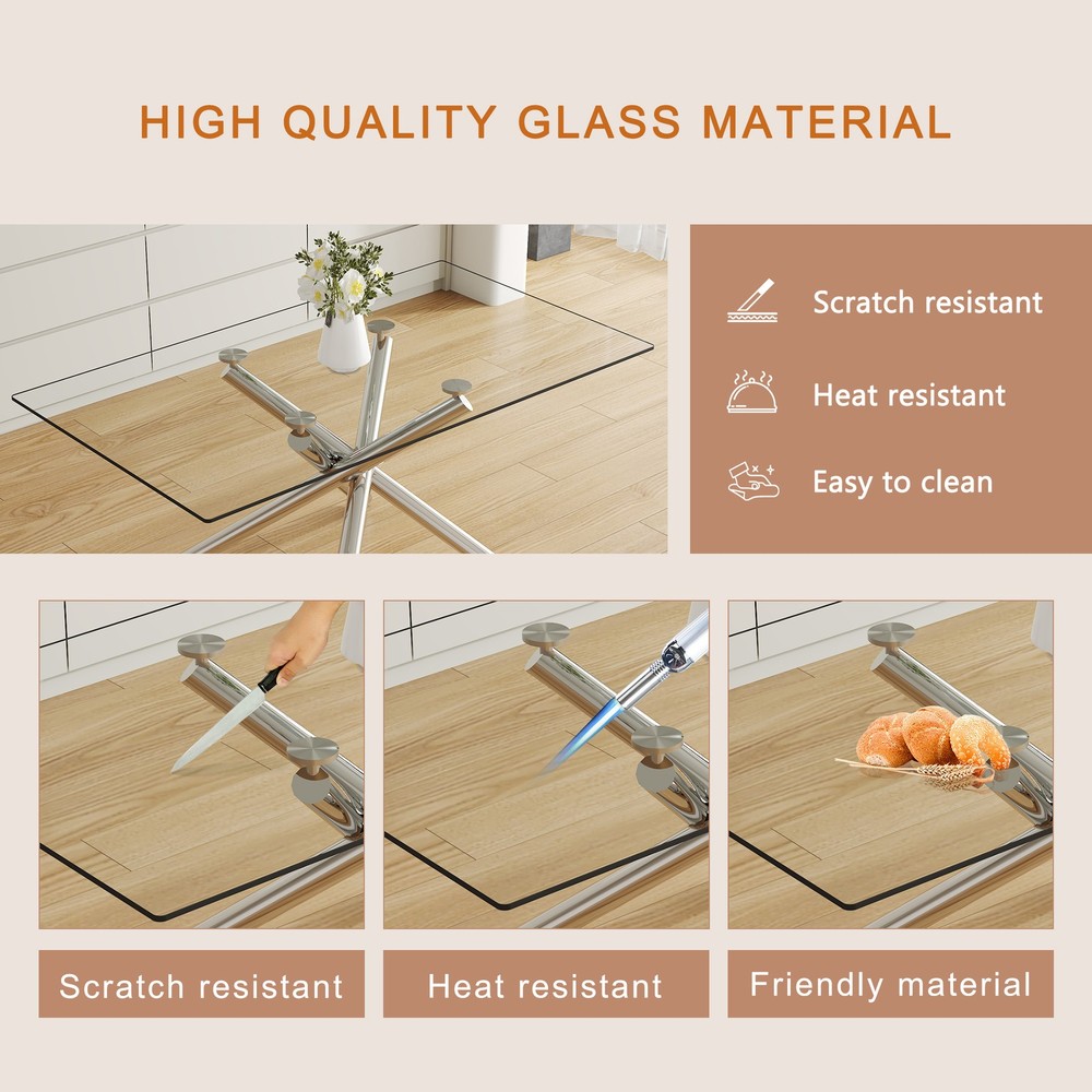 Large Modern Minimalist Rectangular Glass Dining Table with 0.39" Tempered Gla