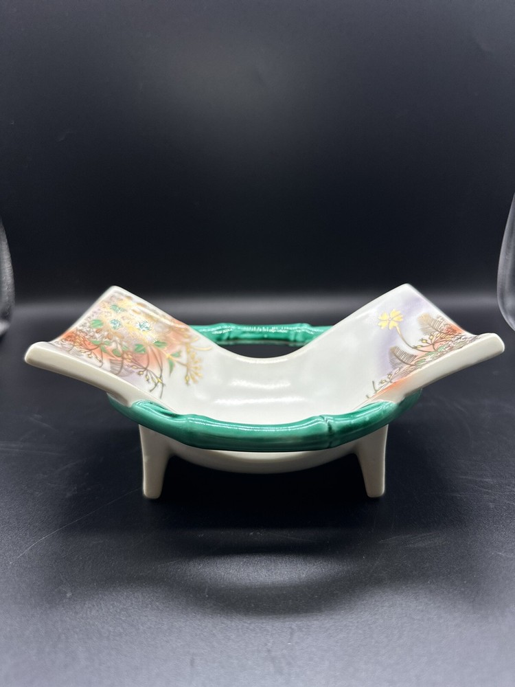 Rectangular Dish Bamboo Look Handles Hand Painted Floral Design