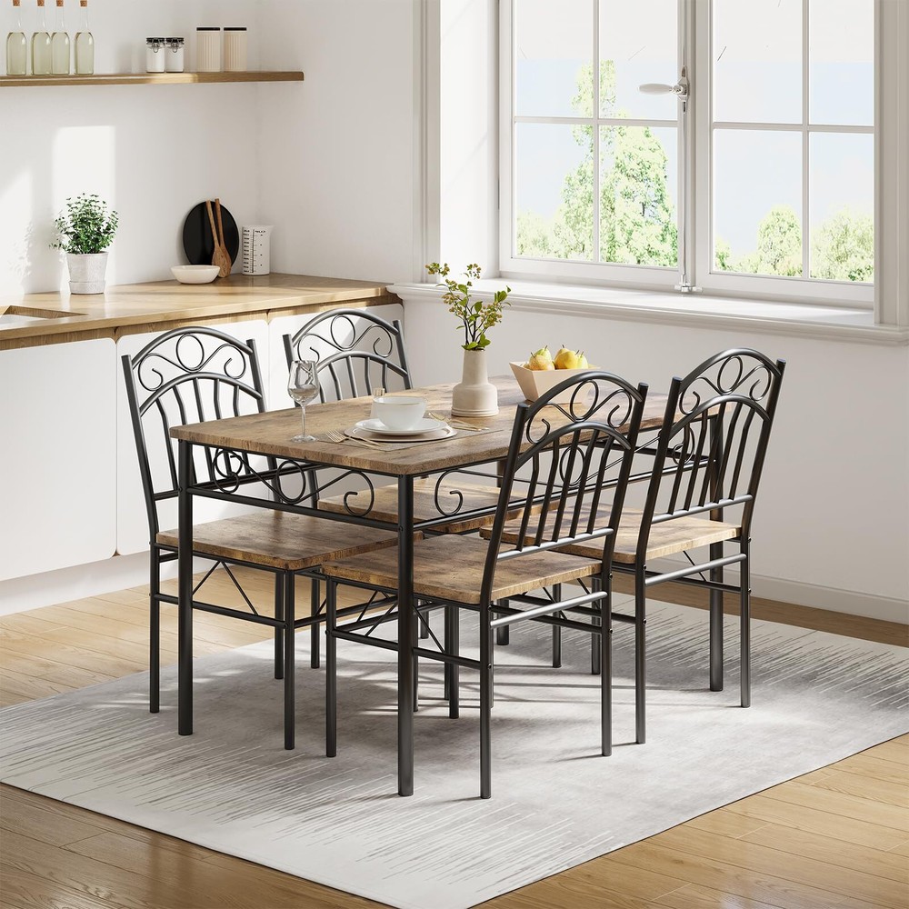 5-Piece Kitchen Dining Table Set for 4, Rectangular Dinette with Wooden Chairs