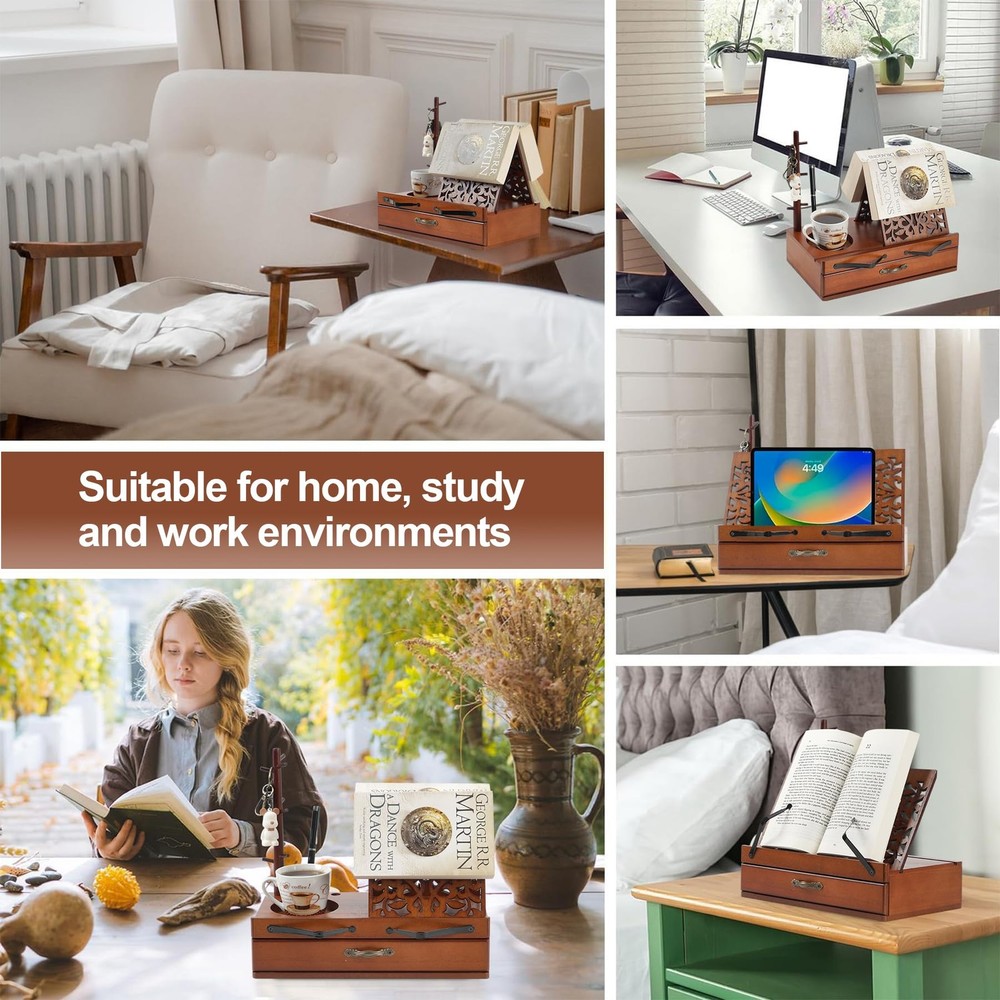 Adjustable Wooden Book Stand with Storage - Multi-Function Hands Free Book Ho