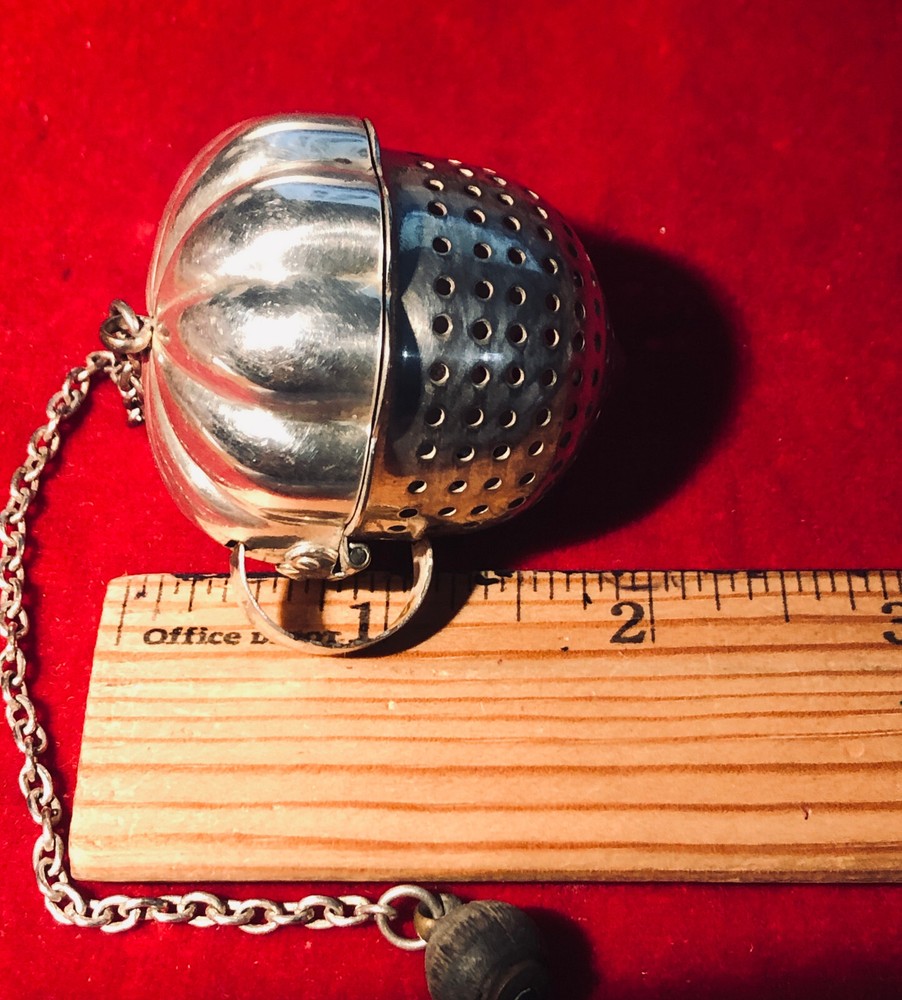 TEA BALL ACORN SHAPE AND TEA STRAINER SILVER PLATE