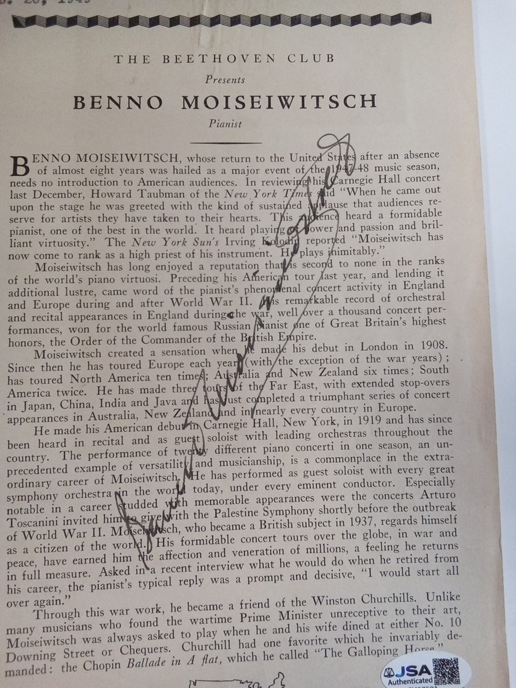 Benno Moiseiwitsch Signed Program Classical Pjanist Rachmanioff JSA