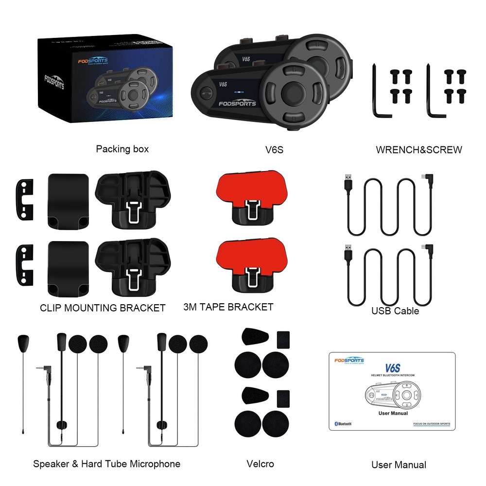 2x V6S Motorcycle Intercom 2-way 1000m Bluetooth Helmet Headset Communication