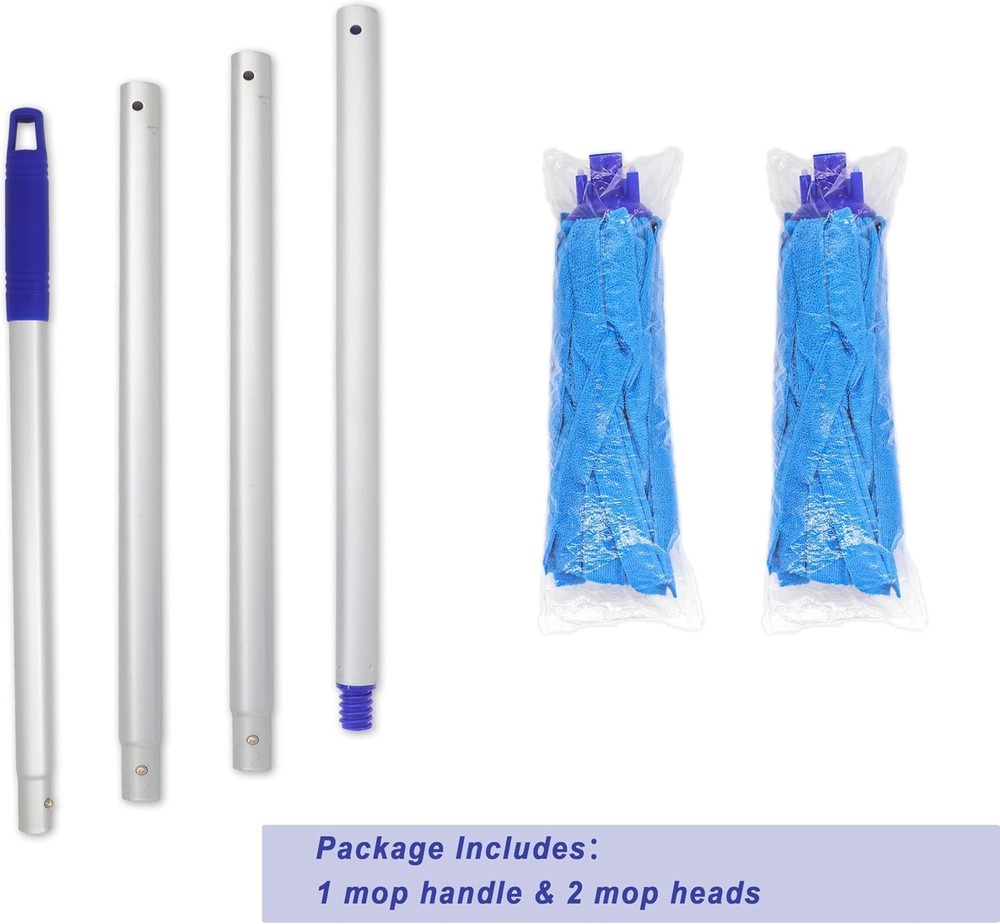 Mop, One Pole with Two Blue Microfiber Cloth Heads 1 Handle & 2 Mop Heads