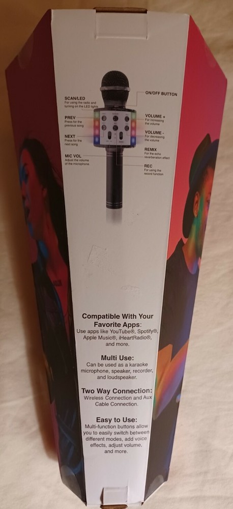 Karaoke Microphone with speaker. USB charging, Bluetooth. With flashing lights.