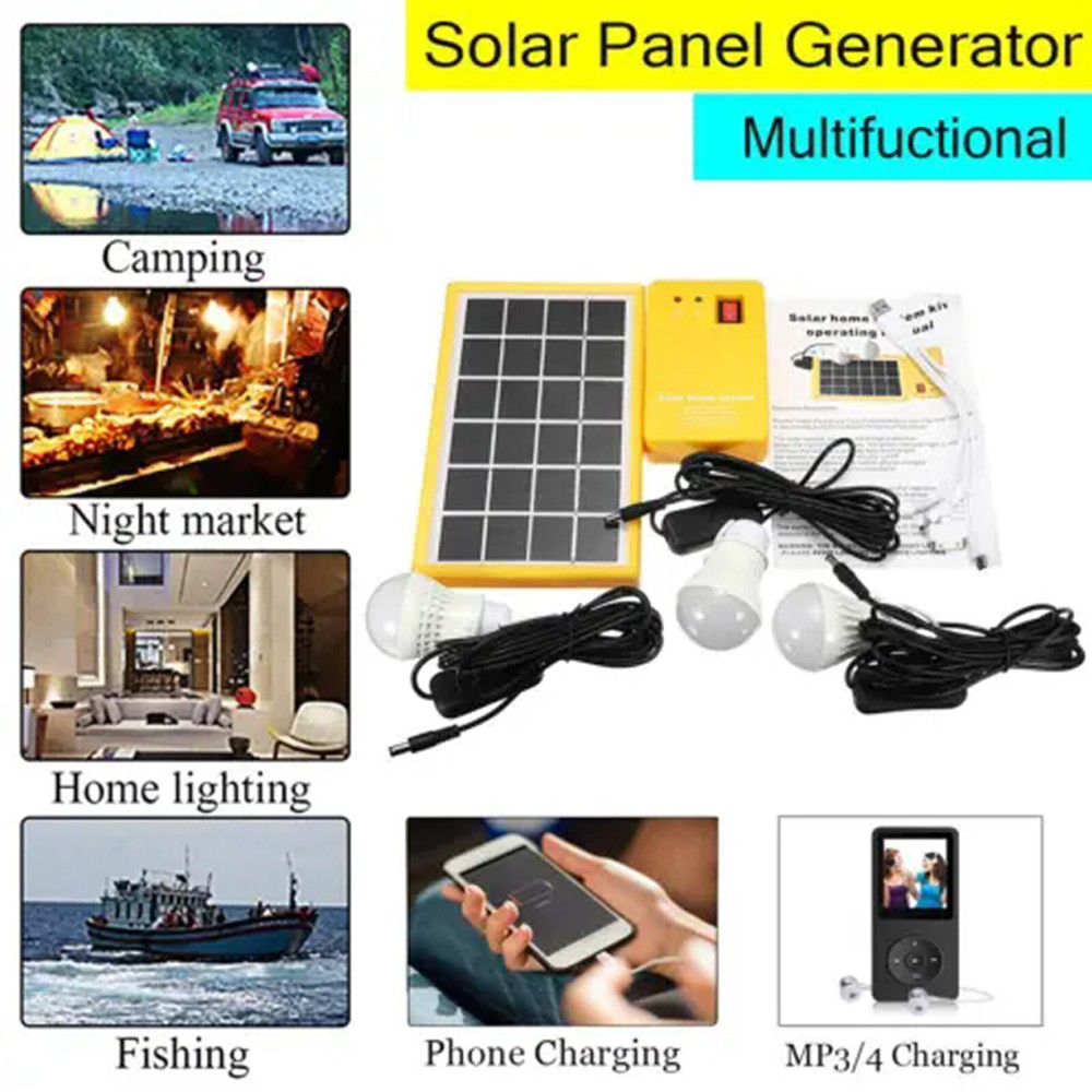 5V Solar Power Panel Generator Kit USB Charger Home System 3×LED Bulbs LightOl