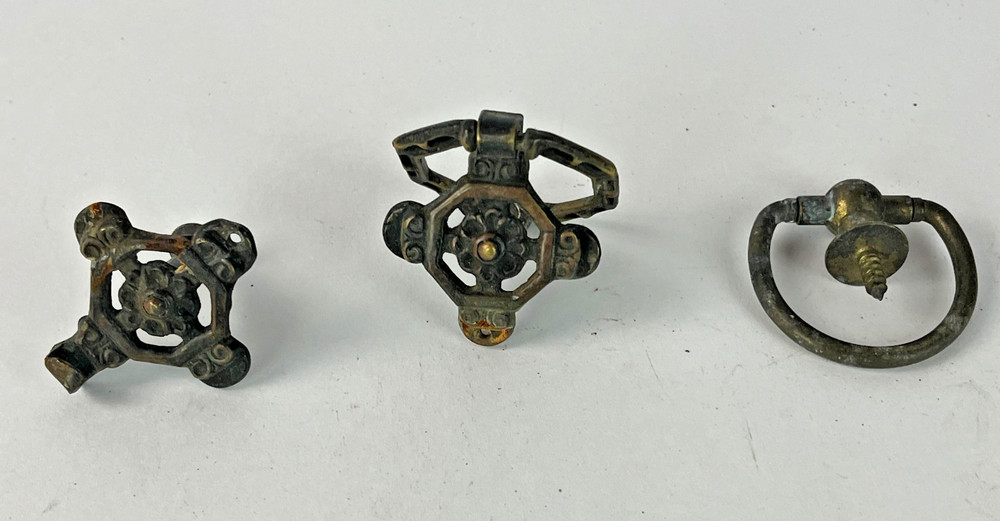 3 Antique Solid Brass Drawer Pulls - Drop Ring Pull Knobs - Victorian Colonial