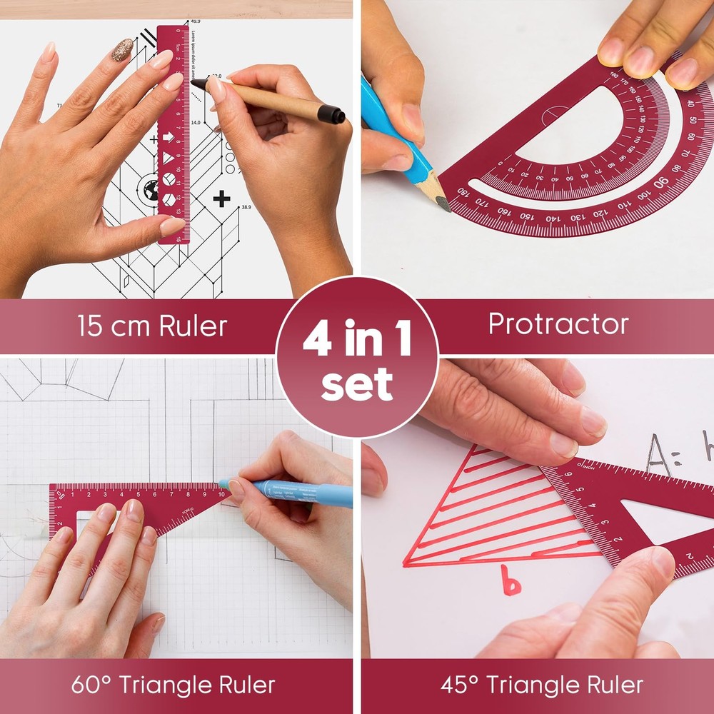 4Pcs Triangular Ruler Set Aluminum Alloy Ruler Geometry Set for Student Engineer