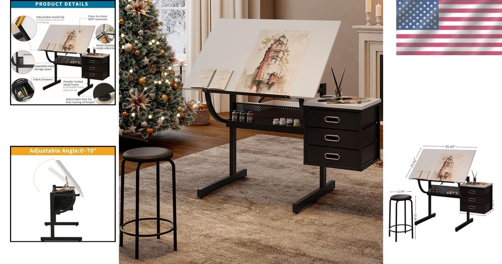 Adjustable Drafting Table with Stool & Storage Art Desk for Drawing Crafting