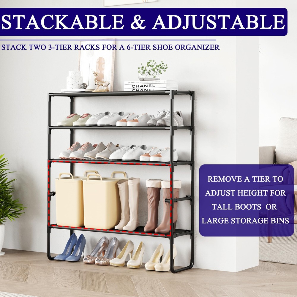 COAPUKT Long Shoe Rack, 3-Tier Stackable Organizer for 3-Black, Black
