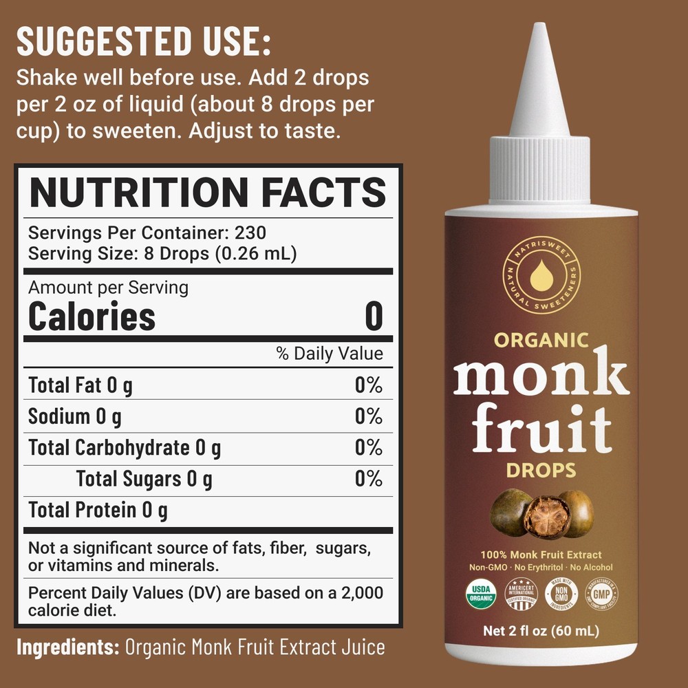 Organic Monk Fruit Liquid, Monk Fruit for Coffee, Tea, Drinks & Baking, 2 fl oz