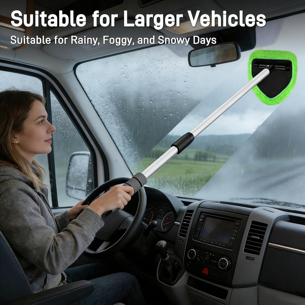 Portable Windshield Cleaner Tool with Extended Long Handle & 4 Microfiber Pads