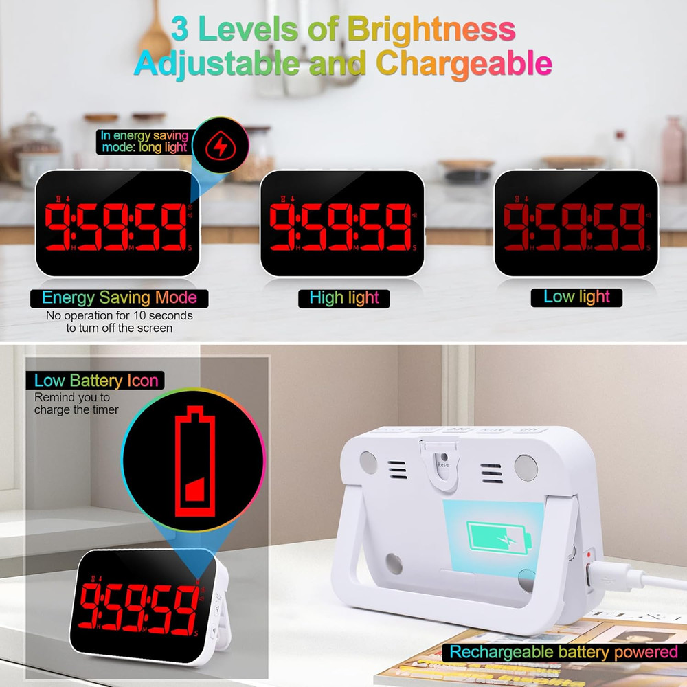 Digital Kitchen Timer, Rechargeable Magnetic Timer with Countdown/up, 5”LED Larg