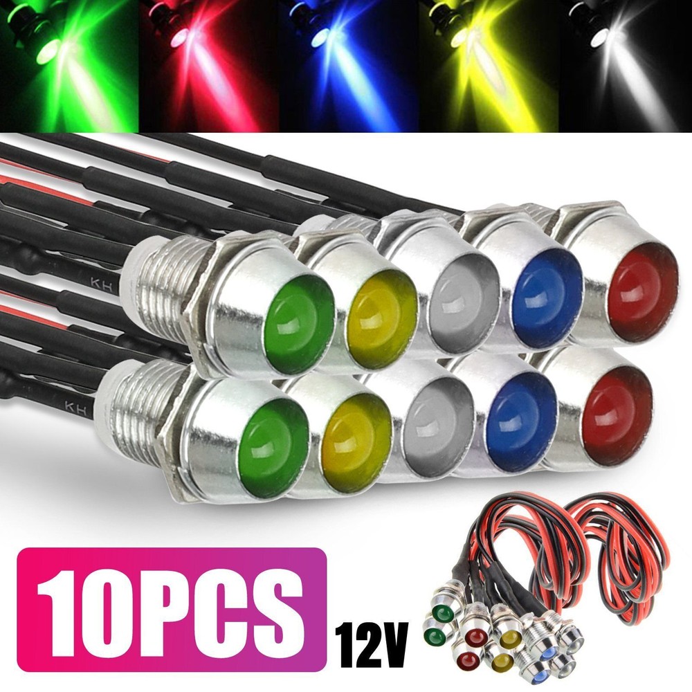 10PCS Car Boat LED Metal Indicator Light 12V 8mm Pilot Dash Panel Single Lamps