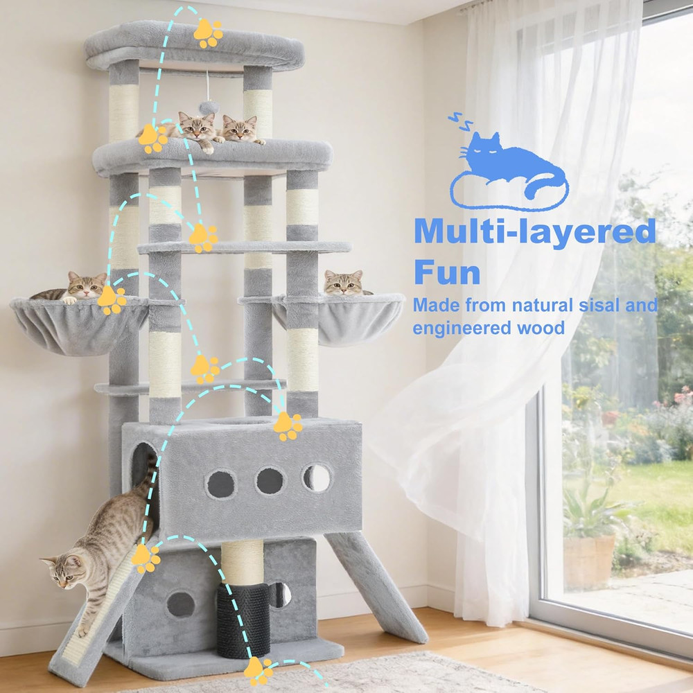 Cat Tree Tower, 71.5 Inches Scratching Posts with Extra Large Platform, 2 Cozy C