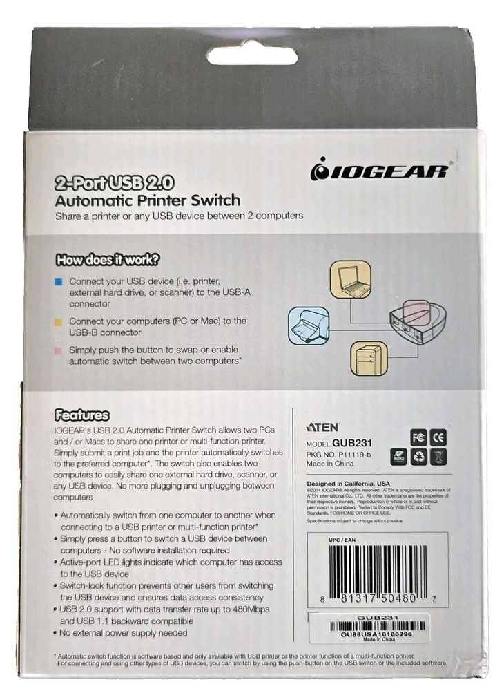 IOGear Automatic Printer Switch (GUB231) 2-Ports External USB 2.0 New PC & Mac