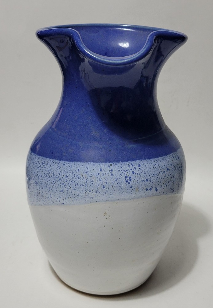 Signed Studio Art Pottery Blue White Pitcher With Twisted Handle