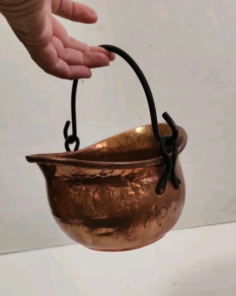 Hammered Copper Pot Hanging Cauldron Rustic Primitive Decor Black Iron Handle