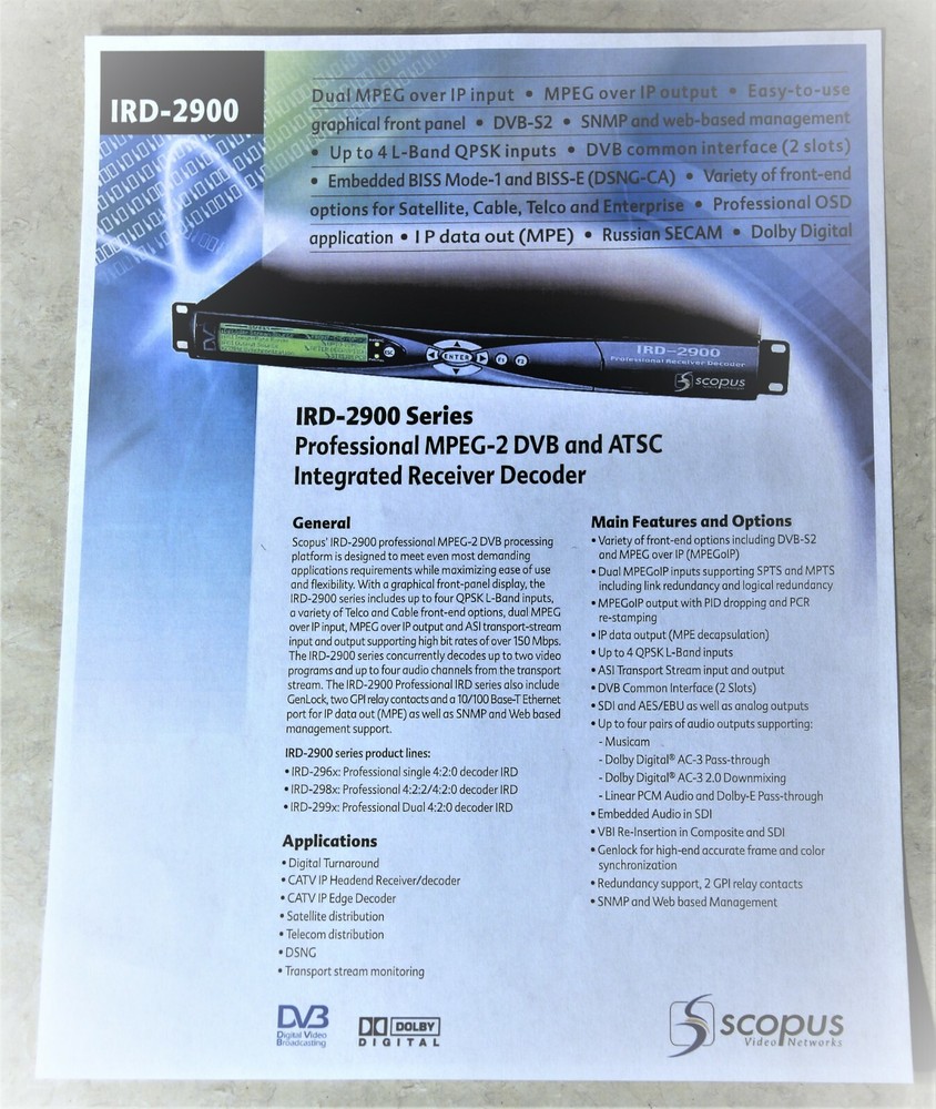 SCOPUS IRD-2960 Professional MPEG-DVB ATSC Integrated Receiver Decoder