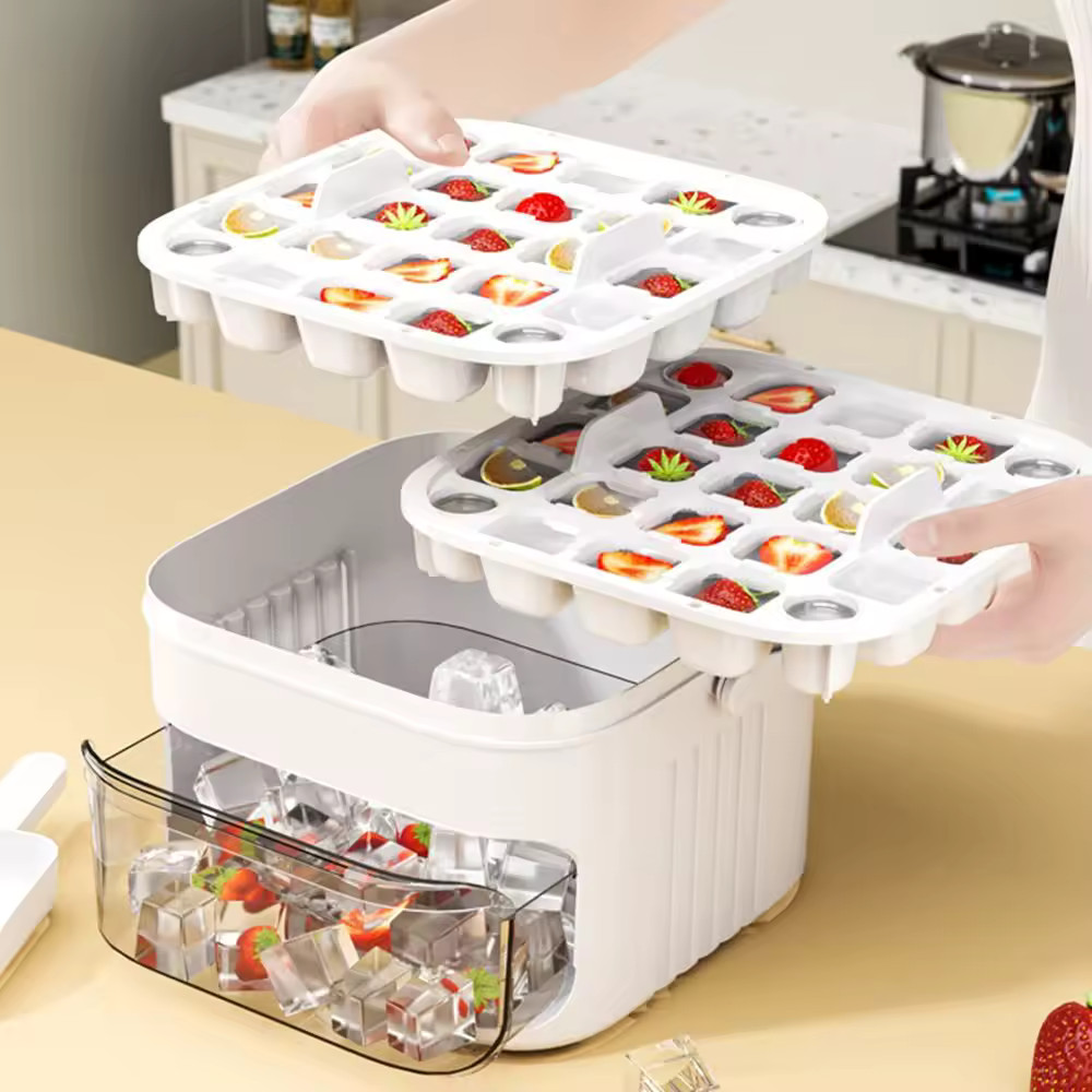 50-Cube Ice Maker - Double Layer Refrigerator Ice Storage Box with Cap