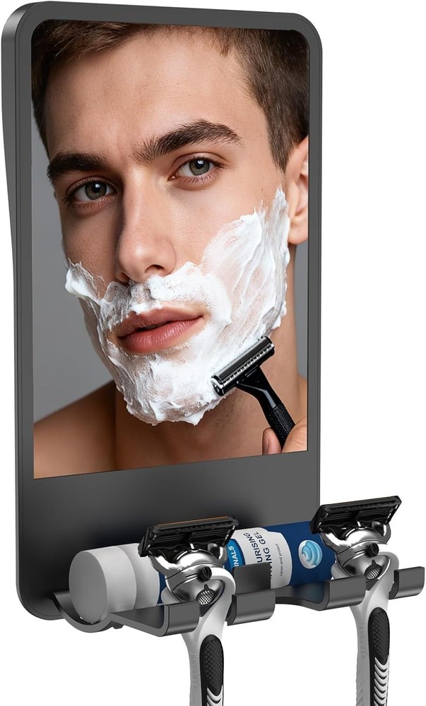 Fogless Shower Mirror for Shaving with Storage Adjustable Angle Wall Mount Black