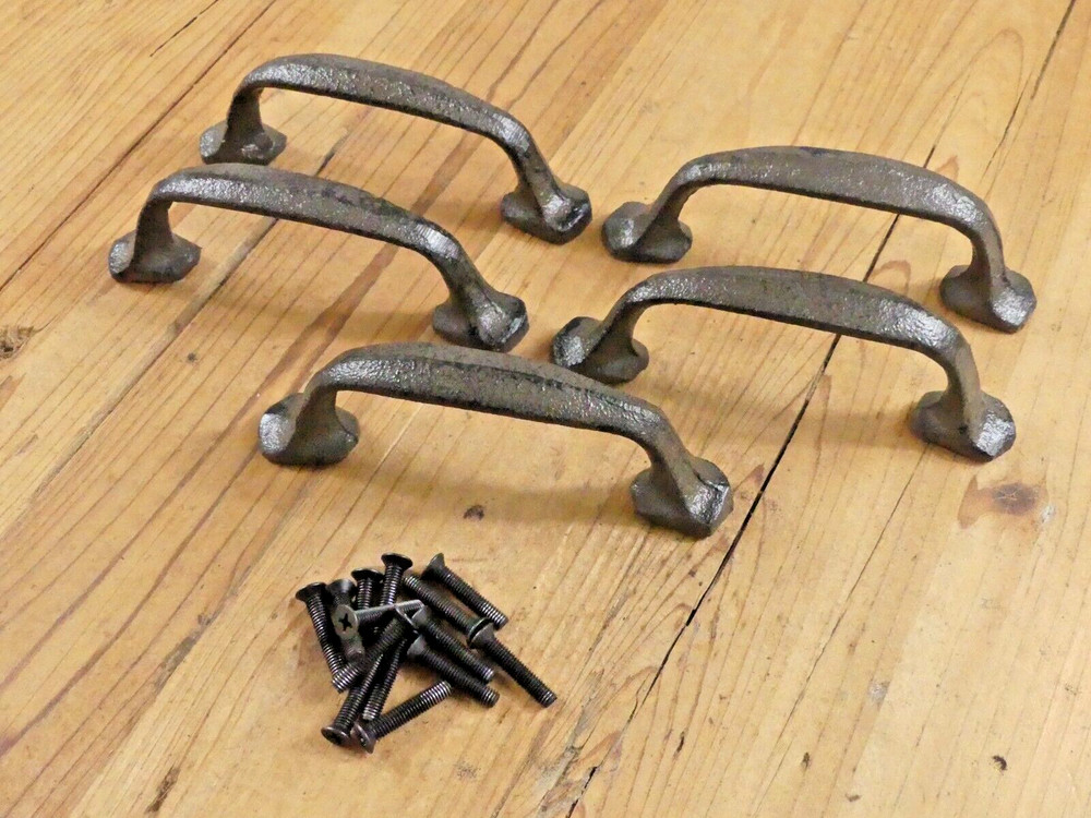 5 Cast Iron Handles Rustic Drawer Pulls W/ Screws Handle Grasp Farmhouse Kitchen