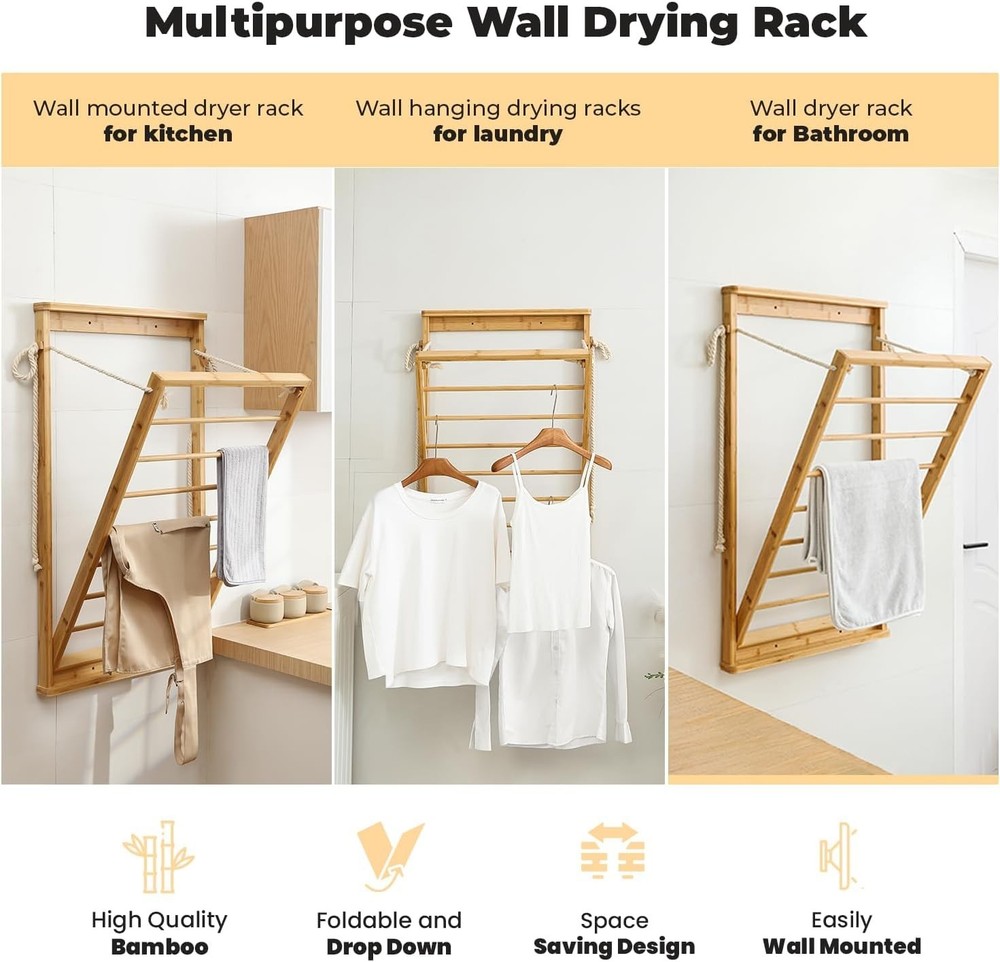 Wall Mounted Bamboo Clothes Drying Rack 23"x40" Foldable Laundry Organizer