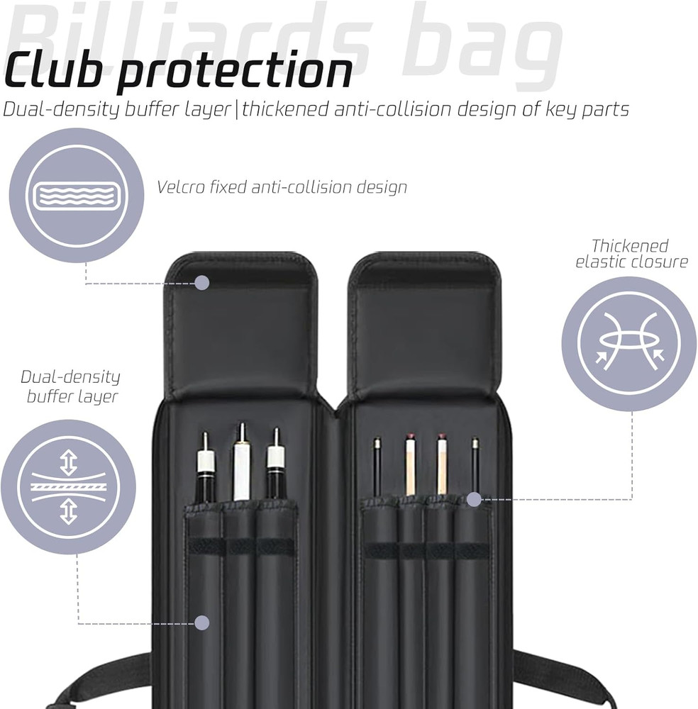 Pool Cue Case 3X4 - Soft Padded Multi-Pocket Billiard Backpack with Adjustable S