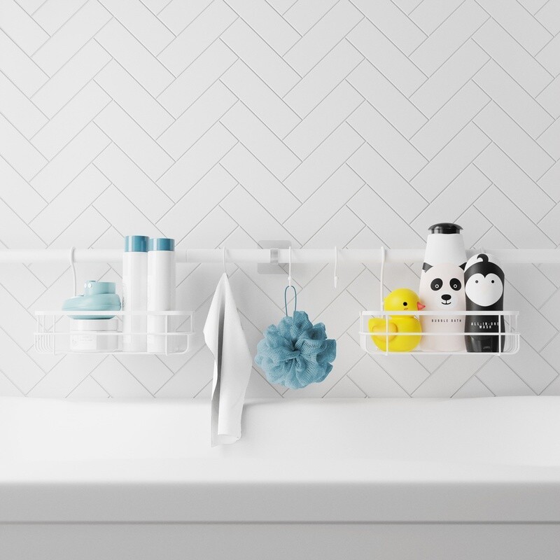 Tension Rod Bath Organizer Caddy Adjustable Storage Baskets Hooks No Tools New