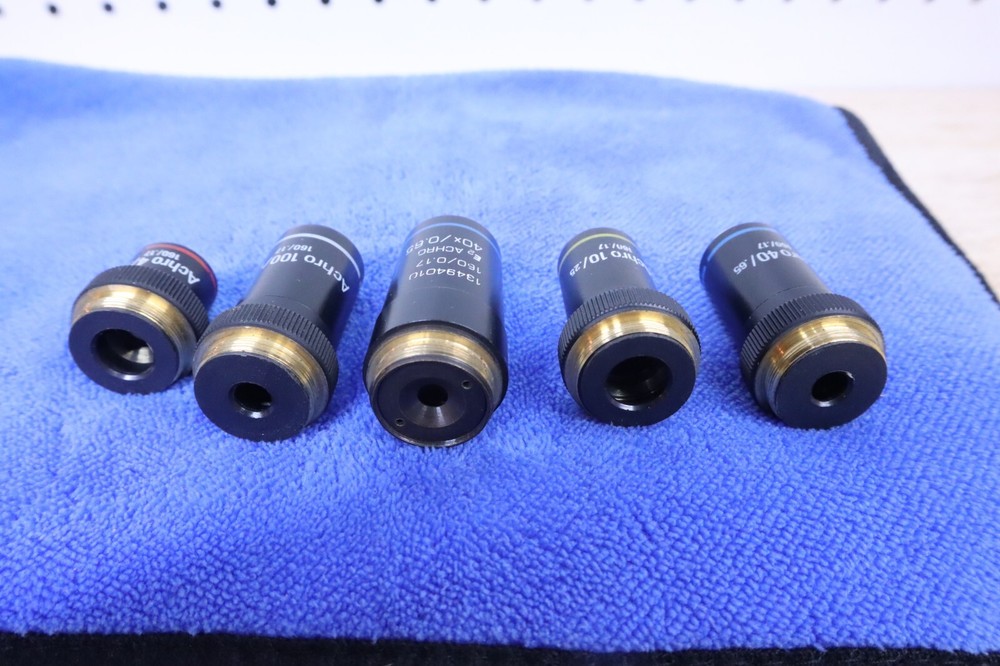 x5 Used Leica Achro Microscope Objectives #32016 32012 32015 32013 & E2 Germany