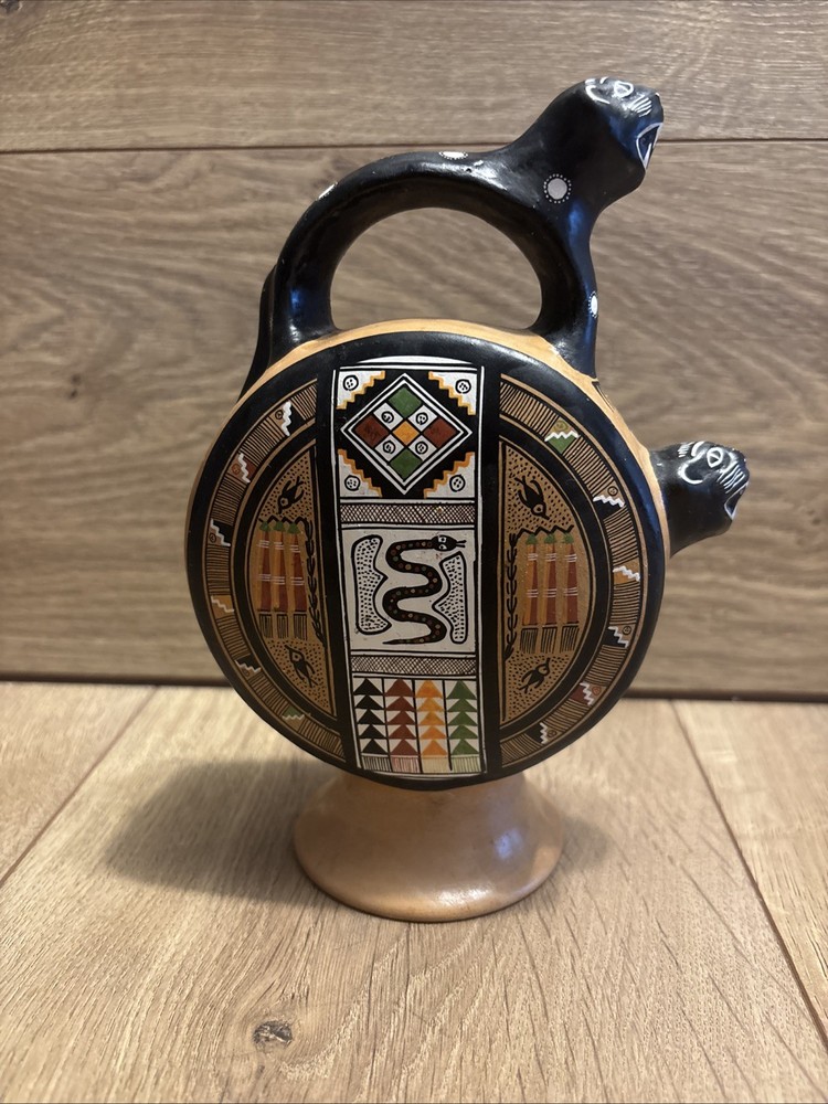 Handcrafted Clay Art From Cusco Peru, Cats Vessel with Handle.