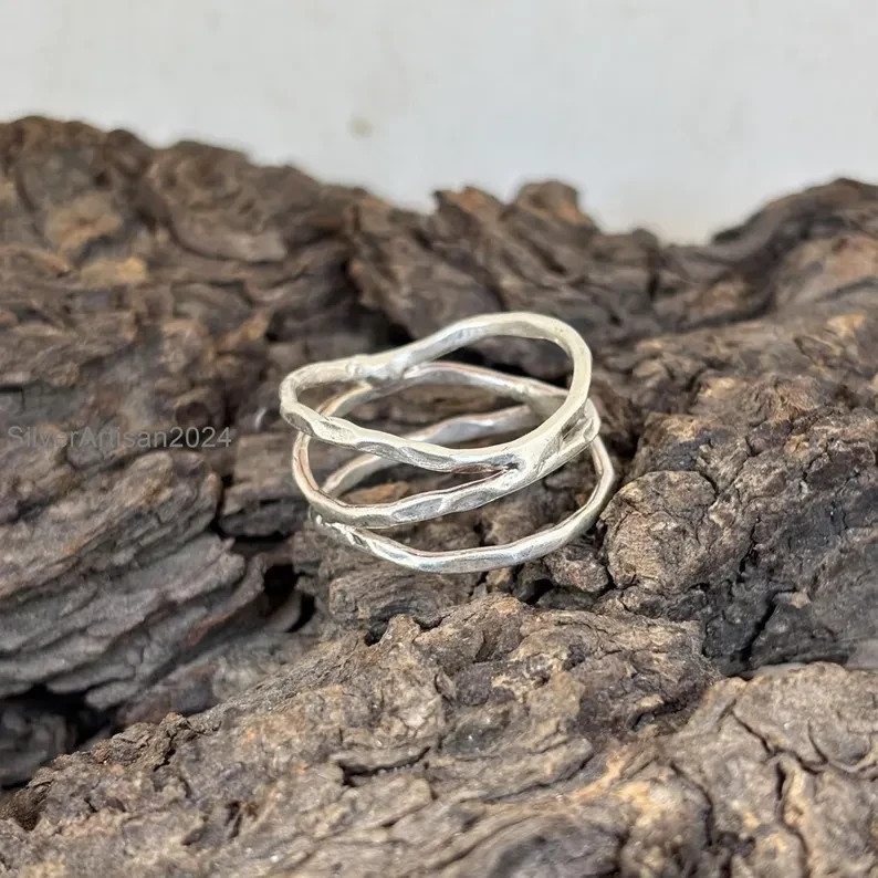 Hammered 925 Sterling Silver Stacking Ring: Chunky Boho Thumb Ring All Size