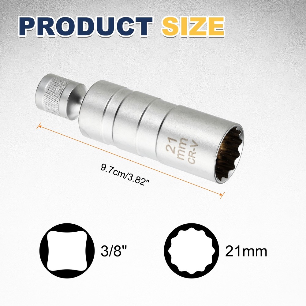 Spark Plug Socket 3/8" Drive 21mm Swivel Magnetic Thin Wall Silver