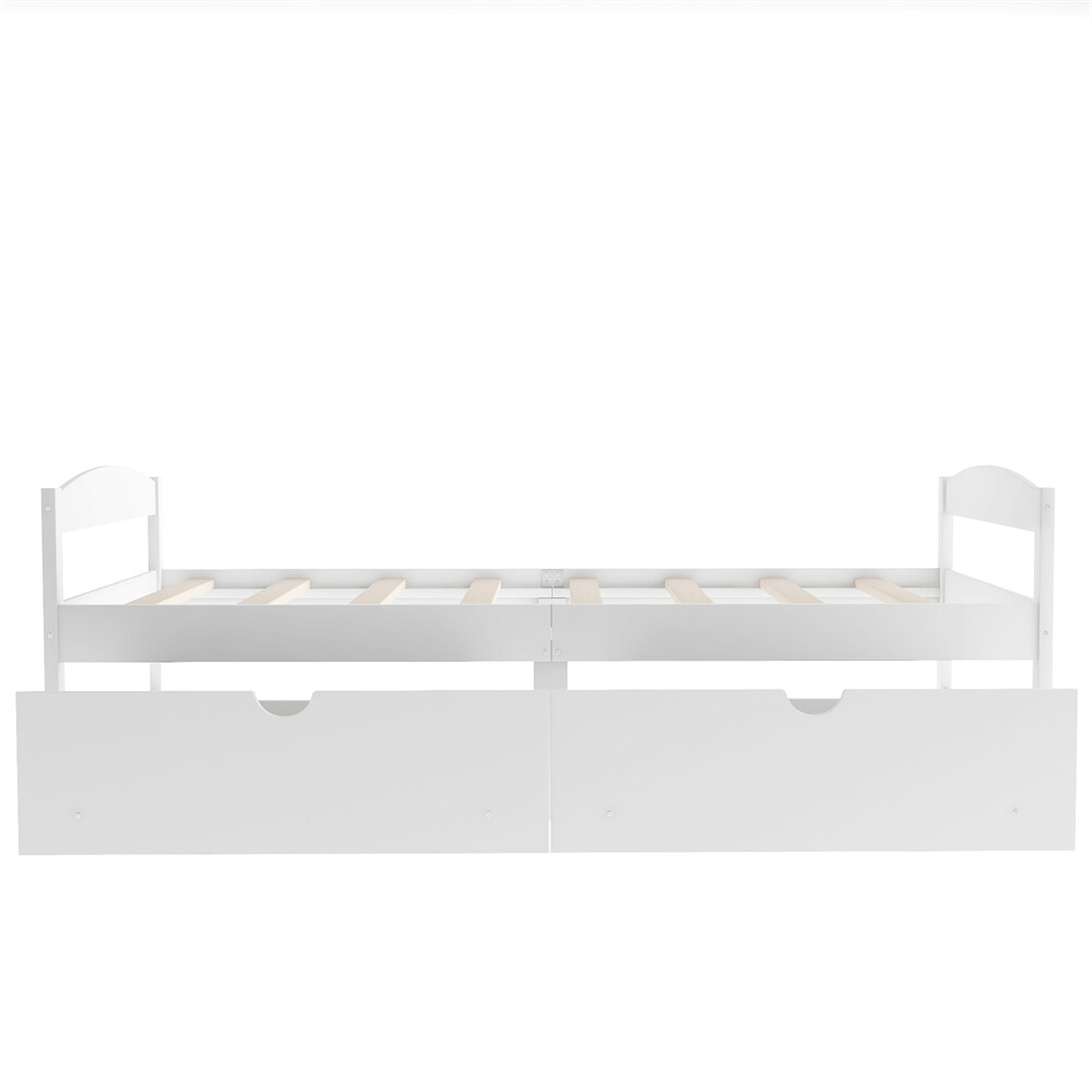Twin Size Platform Bed Two Drawers White Solid Wood Frame Simple Single-layer