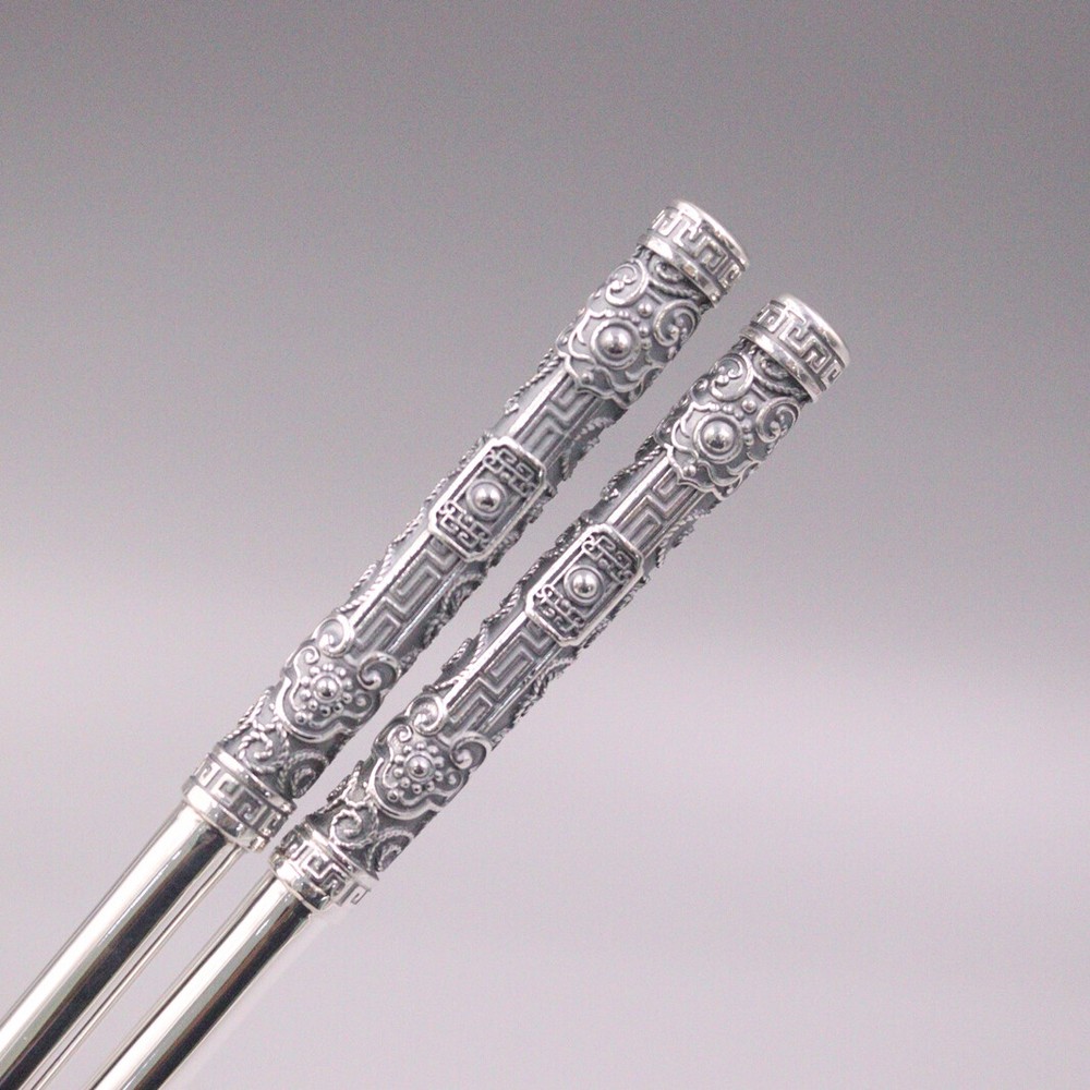 Real 999 Silver Chopsticks Home Tableware 吉祥 Luck Pattern Chopsticks 7.87''L