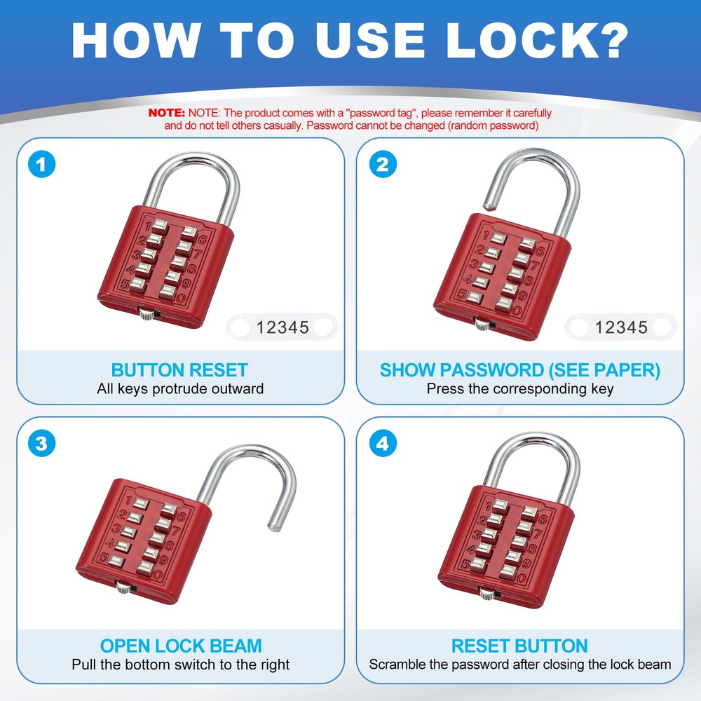 2Pcs Push Button Combination Padlock 10-Digit 5-Position Lock Lake Blue