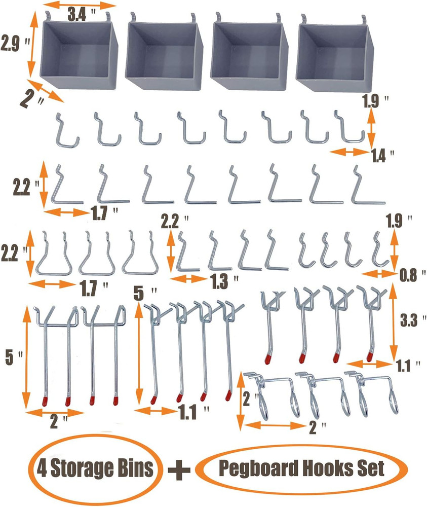 Pegboard Organizer Garage Storage - 48Pcs Pegboard Hooks Set, Pegboard Tool Orga
