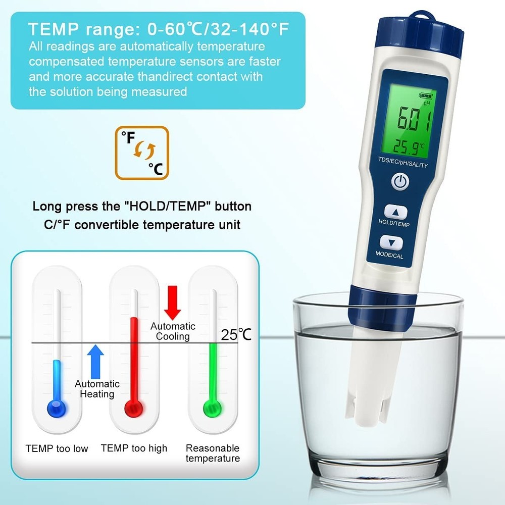Multi-Functional pH/TDS/EC Tester - Easy Calibration for Safe Water Use