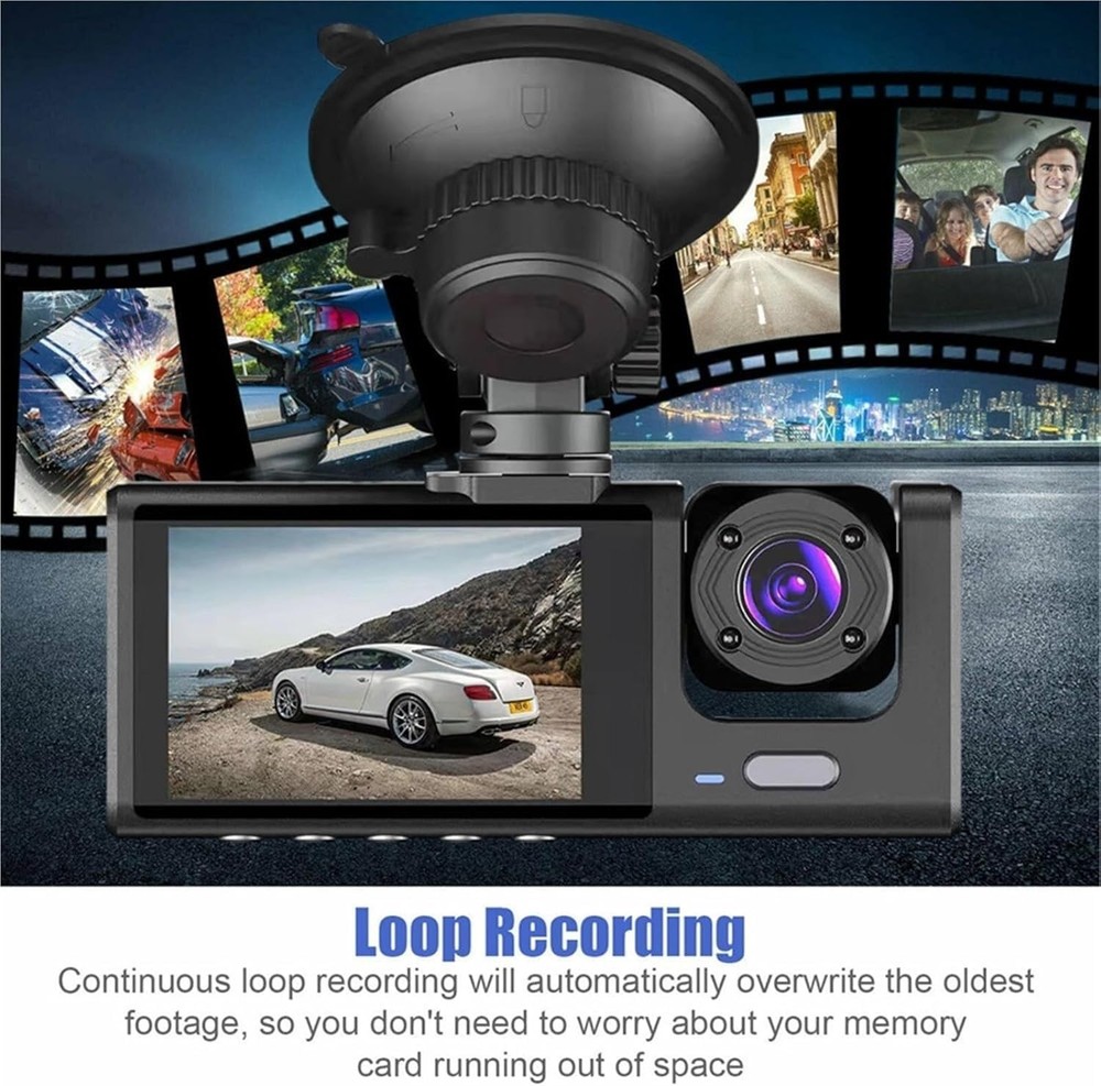 3 Channel Dash Cam Front Rear & Inside 2" HD Display Night Vision G-Sensor 32GB