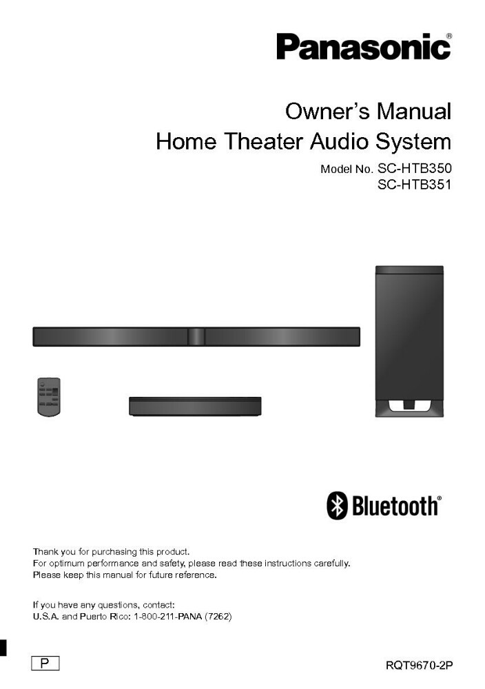 Panasonic SC-HTB350 SC-HTB351 Home Theater System Owners Instruction Manual