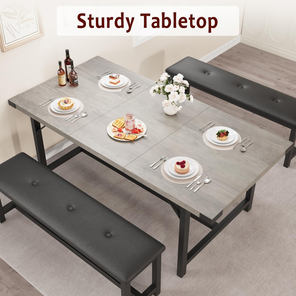 3PC Extendable Dinner Table Home Dining Table Set ,Kitchen Table and 2 Benches