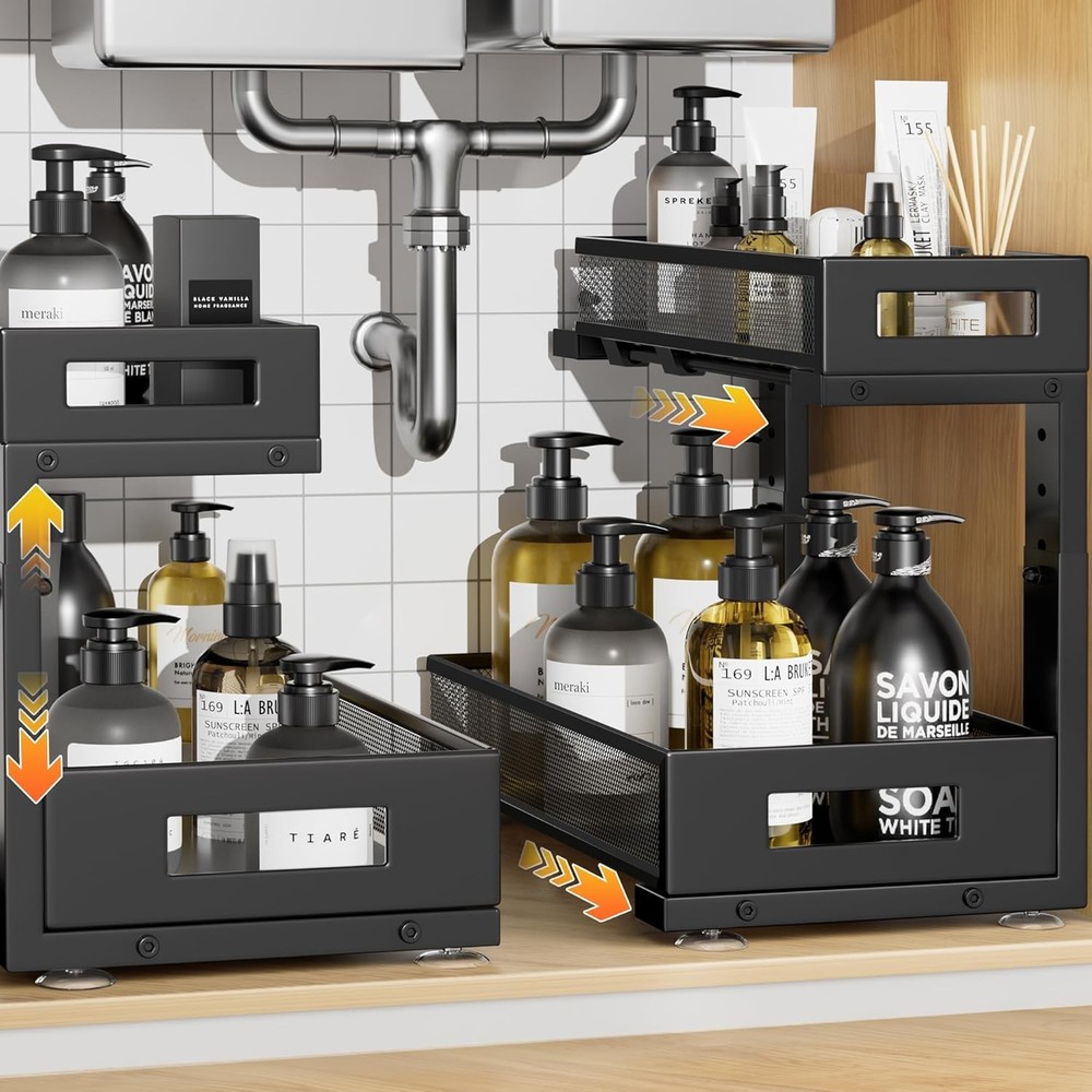 2-Pack Under Sink Storage Organizer Large 2-Tier Elegant Mesh Pull Out Shelf