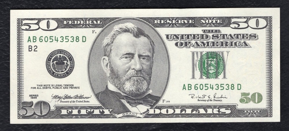 1996 $50 FEDERAL RESERVE NOTE “MISSING BACK PRINTING ERROR” GEM UNCIRCULATED