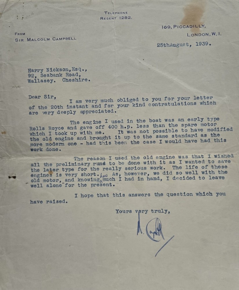 SIR MALCOLM CAMPBELL PERSONAL, SIGNED,  1939 REPLY LETTER