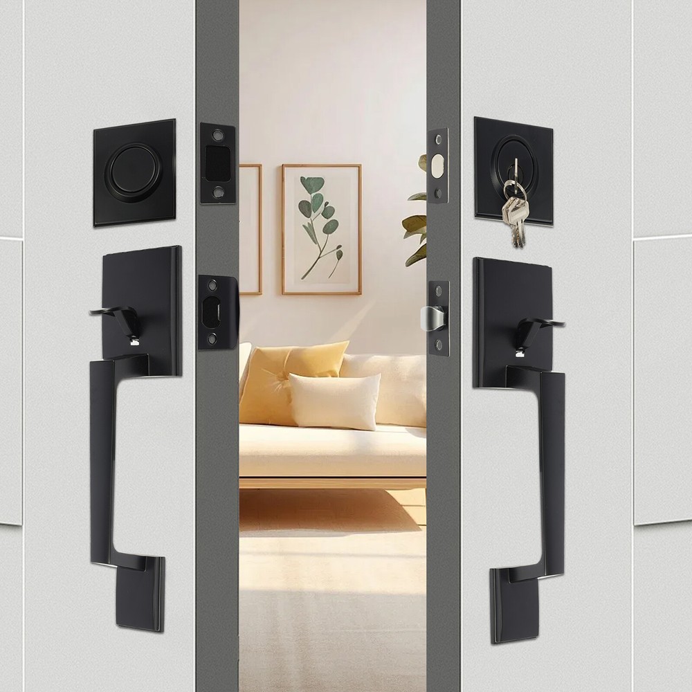 Handle Set w/ Reversible Handle Lever Black Front Door Lock Set Door Handle Set