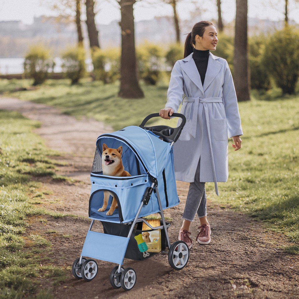 4 Wheel Pet Stroller Foldable Dog Stroller Cat Stroller with Storage Basket Blue
