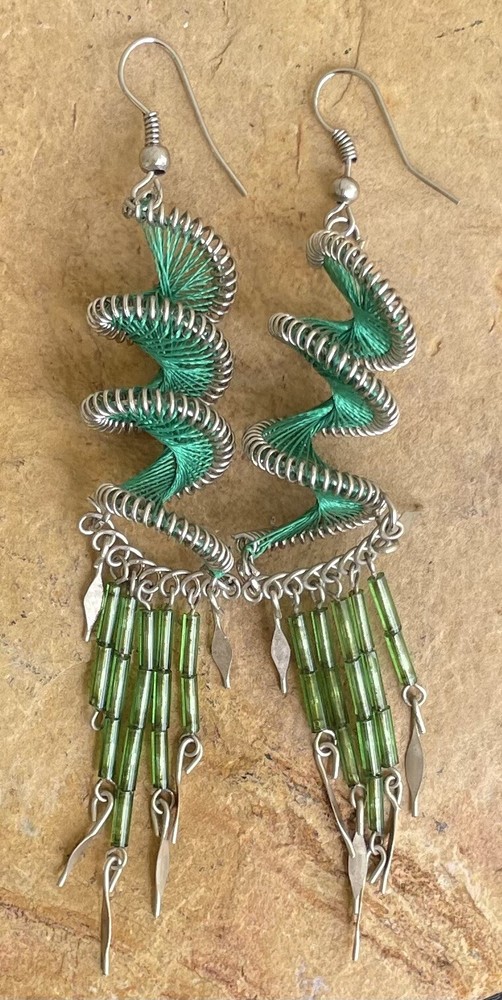 Peruvian Emerald Green Spiral Long Silk Thread Earrings Beads Handmade Boho
